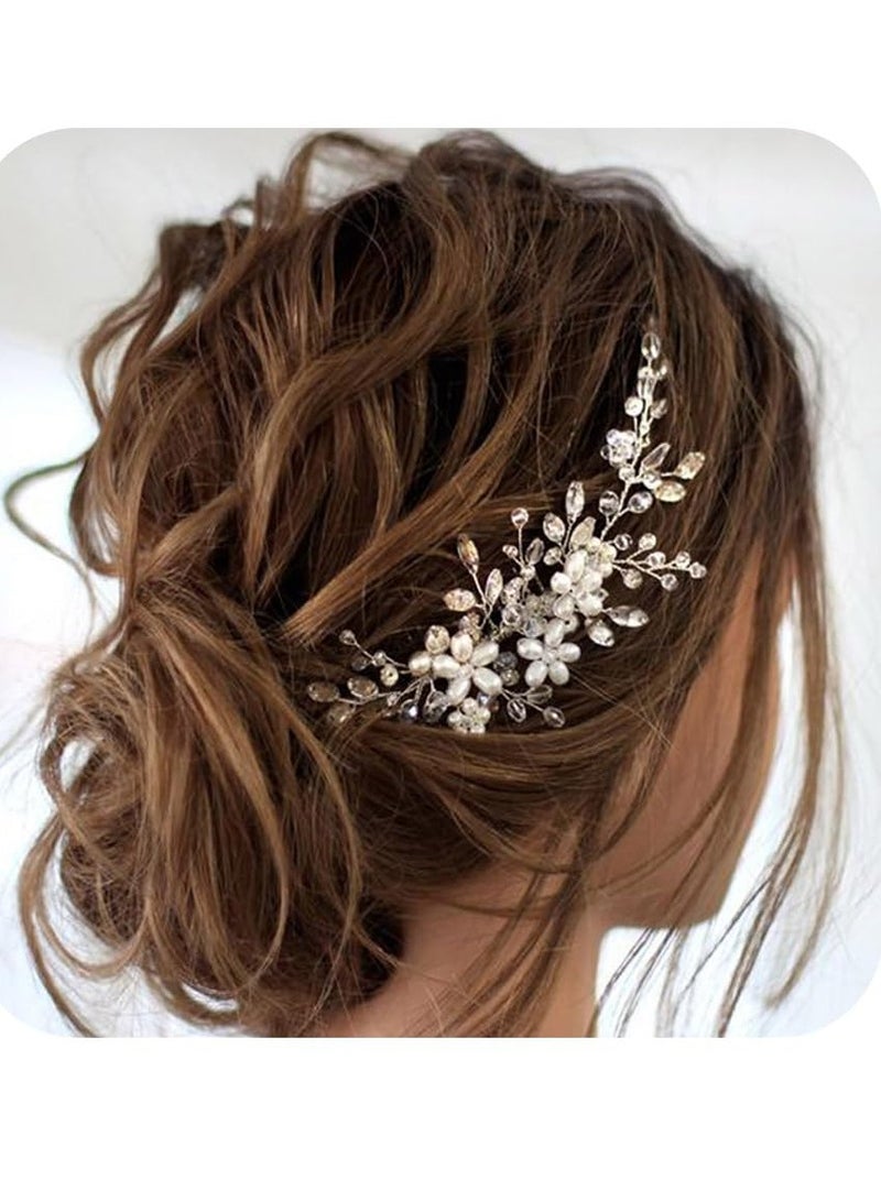 JAKAWIN JAKAWIN Bride Wedding Hair Comb Pearl Flower Hair Piece Rhinestone Bridal Hair Accessories for Women HC034 (Silver)  - Image 2