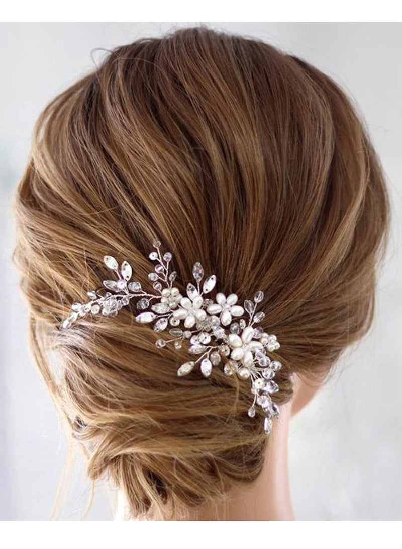JAKAWIN JAKAWIN Bride Wedding Hair Comb Pearl Flower Hair Piece Rhinestone Bridal Hair Accessories for Women HC034 (Silver)  - Image 3
