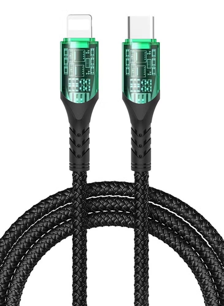 كابل شحن ونقل بيانات مضفّر من النايلون 3A [من Type-C إلى Lightning، بطول 150 سم]، يدعم مزامنة بيانات سريعة وسرعة شحن تصل إلى 480 ميجابت في الثانية، توافق عالمي | تصميم شفاف مع إضاءة عرض ذكية