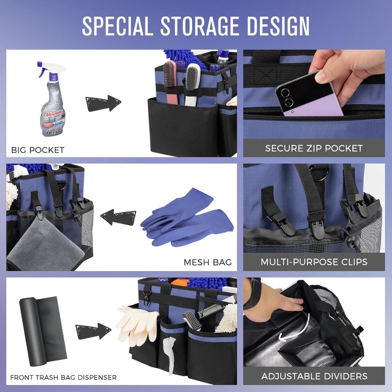 SCAVATA Wearable Cleaning Caddy, Cleaning Caddy Supplies Organizer with Handle & Shoulder Straps for Housekeepers, Under Sink & Car Cleaning Tool Organizers Bag with 4 Foldable Divider (CeruleanBlue) - Image 2