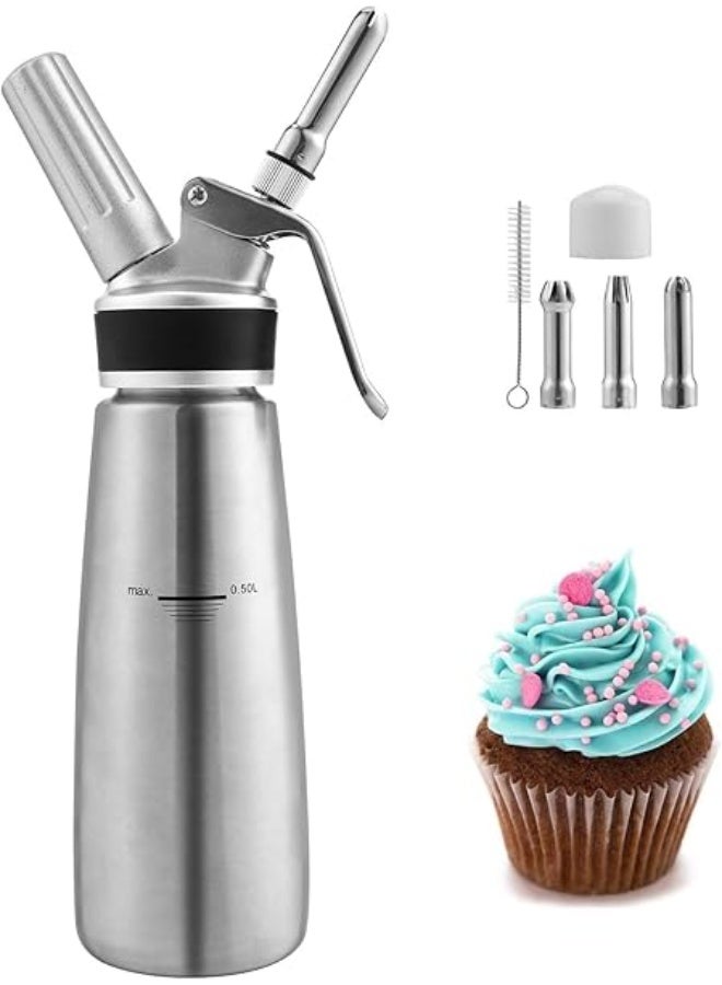 500ml Aluminum Whipped Cream Maker – Durable Cream Dispenser for Professional Cooking and Baking – Made from High-Quality Aluminum for Long-Lasting Strength and Lightweight Use – Includes Multiple Decorating Nozzles for Easy Dessert and Drink Topping – Perfect Tool for Making Whipped Cream, Mousses, and Sauces at Home or in Bakeries - Image 1
