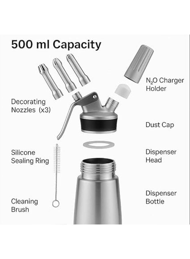 500ml Aluminum Whipped Cream Maker – Durable Cream Dispenser for Professional Cooking and Baking – Made from High-Quality Aluminum for Long-Lasting Strength and Lightweight Use – Includes Multiple Decorating Nozzles for Easy Dessert and Drink Topping – Perfect Tool for Making Whipped Cream, Mousses, and Sauces at Home or in Bakeries - Image 5