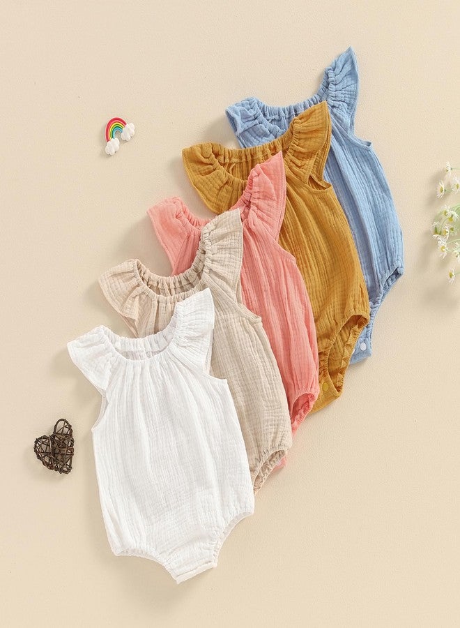 Mubineo Baby Girl Boy Summer Cotton Linen Romper Clothes Basic Plain Ruffle Sleeveless Comfy Rompers Newborn Tops (Beige, 0-3 Months) - Image 2