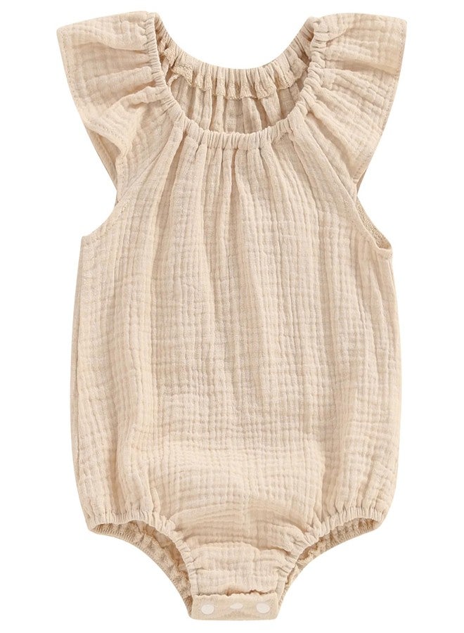 Mubineo Baby Girl Boy Summer Cotton Linen Romper Clothes Basic Plain Ruffle Sleeveless Comfy Rompers Newborn Tops (Beige, 0-3 Months) - Image 1