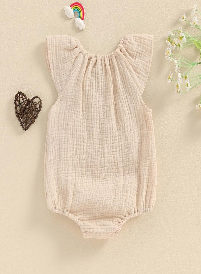 Mubineo Baby Girl Boy Summer Cotton Linen Romper Clothes Basic Plain Ruffle Sleeveless Comfy Rompers Newborn Tops (Beige, 0-3 Months) - Image 4