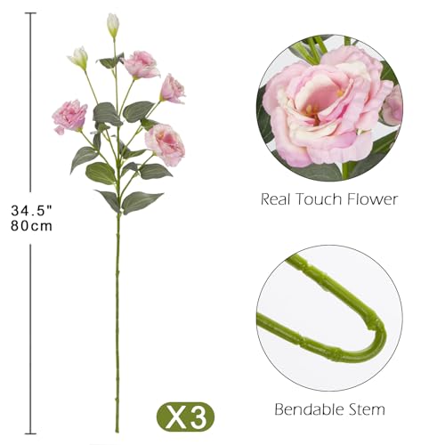 Hollyone 345 Pink Artificial Flowers Silk Fake Flower 3Pcs Eustoma Lisianthus Flowers with Long Stem Faux Flowers Arrangement Branch with 4 Heads for DIY Wedding Party Centerpiece Bouquet Table Home Decor - Image 3