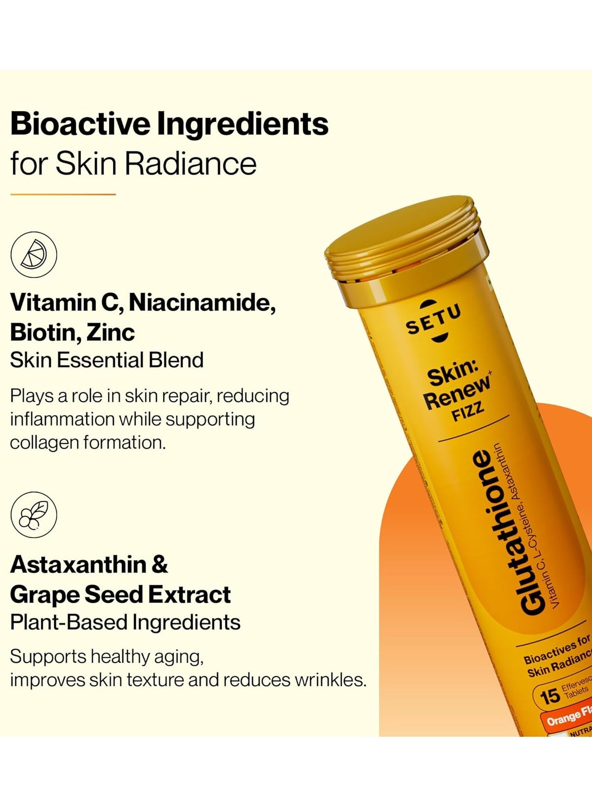 SETU skin renew glutathione tablets for glowing skin 60 effervescent tablets with 500mg l glutathione and vitamin c antioxidant and skin glow supplement orange pack of 4 | Best Price Bahrain