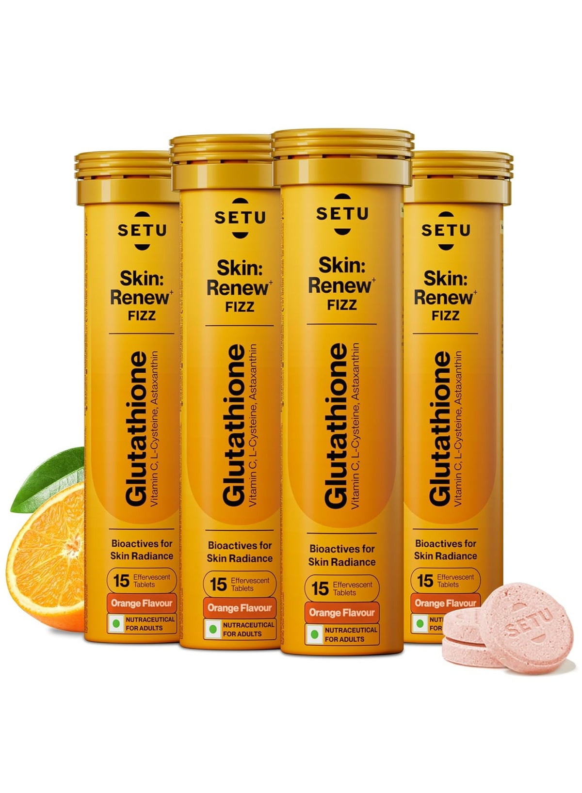 SETU skin renew glutathione tablets for glowing skin 60 effervescent tablets with 500mg l glutathione and vitamin c antioxidant and skin glow supplement orange pack of 4 | Best Price Bahrain
