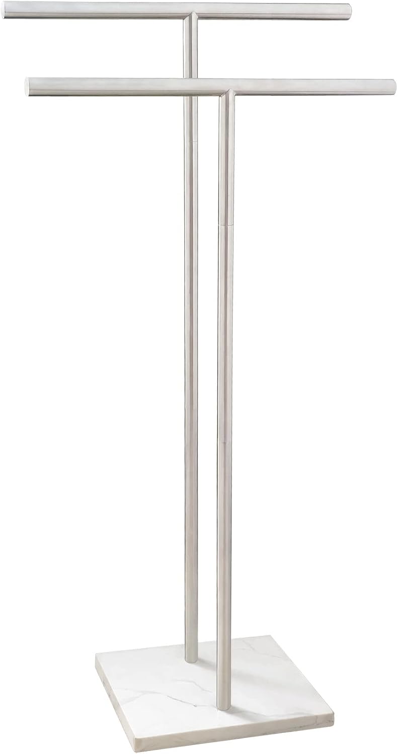 EADOT 40 Inch Standing Towel Rack Double-T Shape Tall Bath Towel Sheet Holder with Marble Design Base for Bathroom Floor Next to Tub or Shower 2 Tier Towel Holder Stand Stainless Steel Brushed Nickel - Image 1