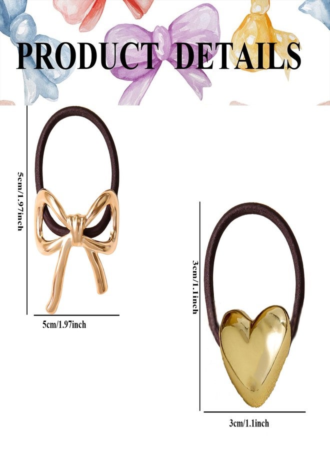 DIUEWOW 4PCS Metal Heart Hair Tie Metal Bow Gold & Silver Metal Elastic Hair Ties Small Rubber Hair Bands Hair Elastic Scrunchies Elegant Hair Ropes Valentine Hair Accessories for Women and Girls - Image 2