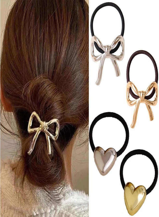 DIUEWOW 4PCS Metal Heart Hair Tie Metal Bow Gold & Silver Metal Elastic Hair Ties Small Rubber Hair Bands Hair Elastic Scrunchies Elegant Hair Ropes Valentine Hair Accessories for Women and Girls - Image 1