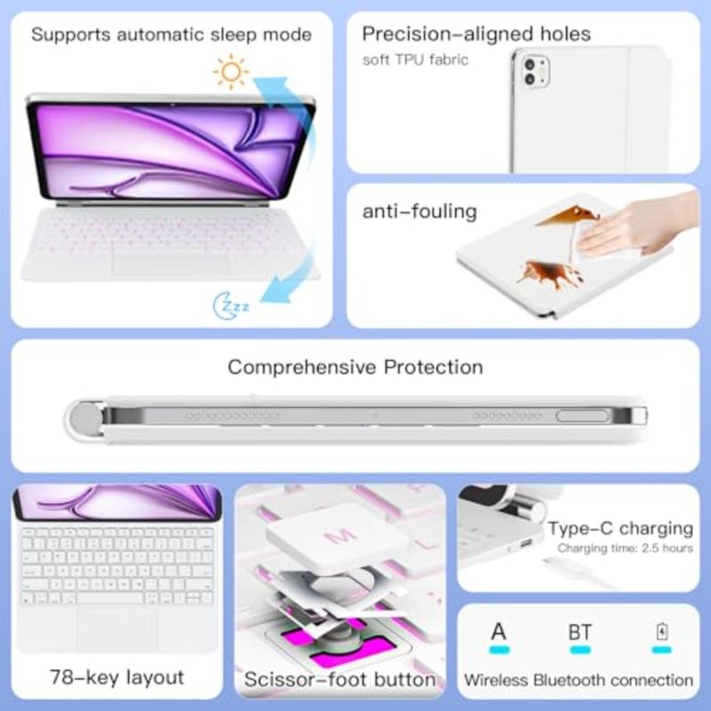 Magic Keyboard for iPad Air 13 inch [M4/M3/M2] and Pro 12.9" 6th/5th/4th/3rd Gen, Wireless iPad Keyboard Case with Magnetic Stand, Multi-Touch Trackpad, 7-Color Backlight, White - Image 3