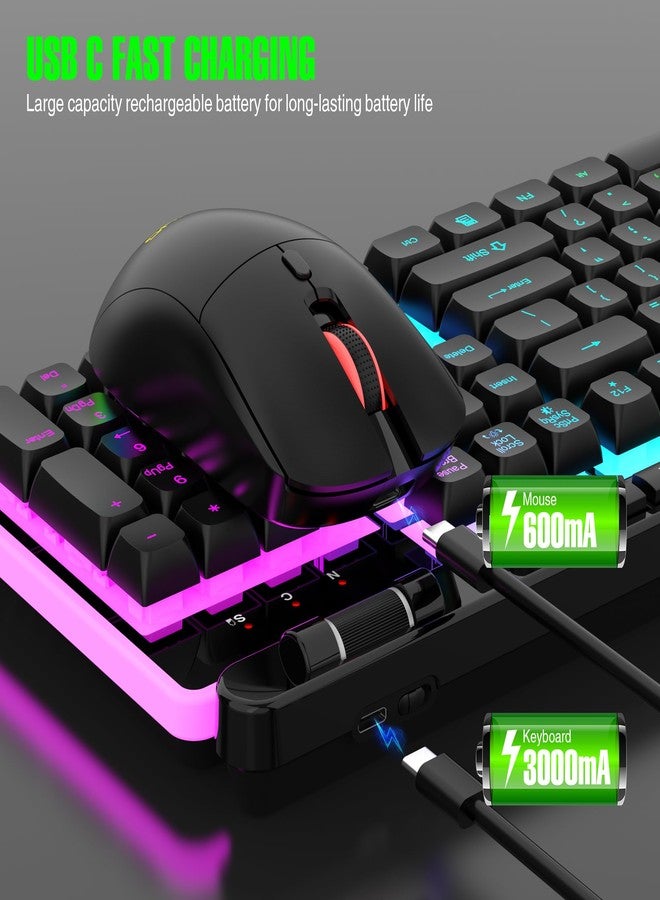 7KEYS مجموعة لوحة مفاتيح وفأرة لاسلكية، لوحة مفاتيح للألعاب قابلة للشحن مع إضاءة خلفية RGB رائعة، لوحة مفاتيح كاملة الحجم 7 مفاتيح مع تصميم مريح، فأرة ألعاب مضيئة بدقة 3200 نقطة في البوصة لجهاز الكمبيوتر/المكتب/ماك - Image 3