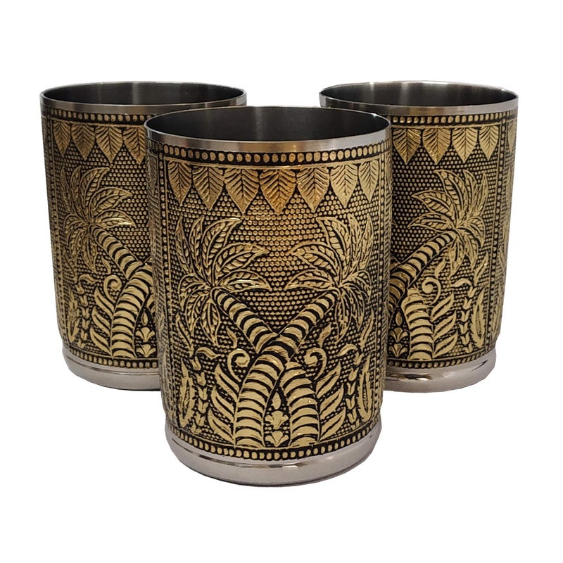 Newvent 3 pcs Coconut Tree Design Gold Steel Glass Golden Oxidise Classic Designer Drinking Glass Set Hand Made Unbreakable Serving Glass - Image 1