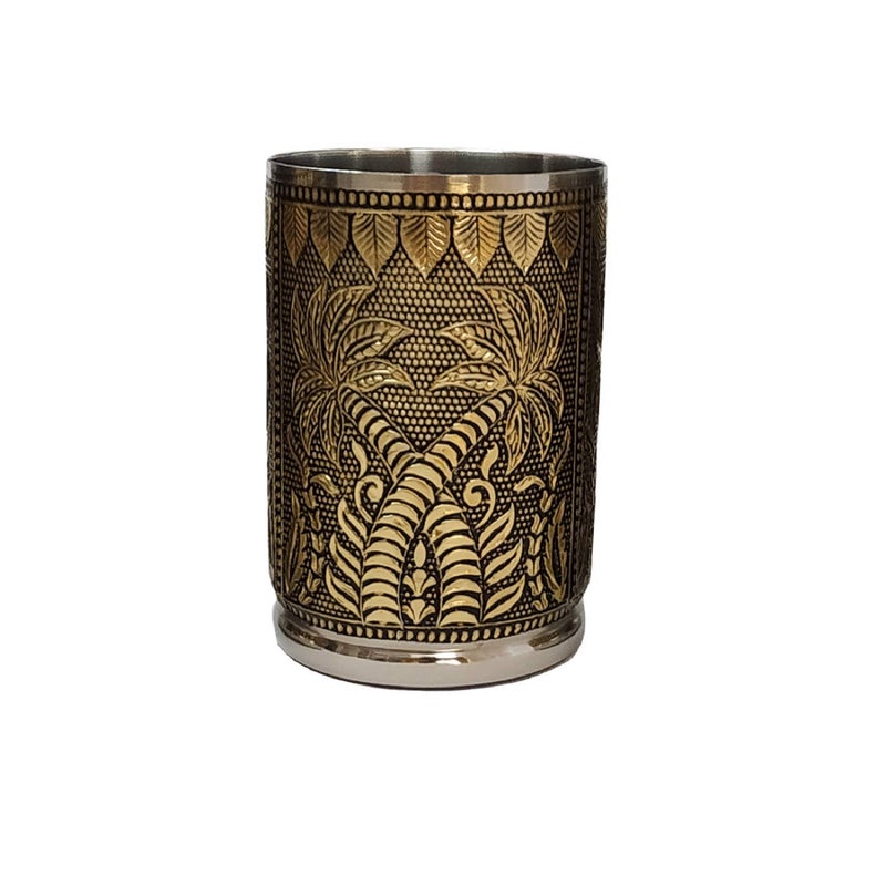 Newvent 3 pcs Coconut Tree Design Gold Steel Glass Golden Oxidise Classic Designer Drinking Glass Set Hand Made Unbreakable Serving Glass - Image 2