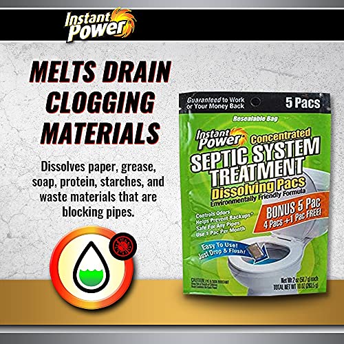 Instant Power Septic System Treatment Dissolving Pacs - Septic Tank Treatment Packets, Drain Cleaner Liquid Clog Remover for Septic System, Drain Defense for RVs - Includes 5 Pacs - Image 2