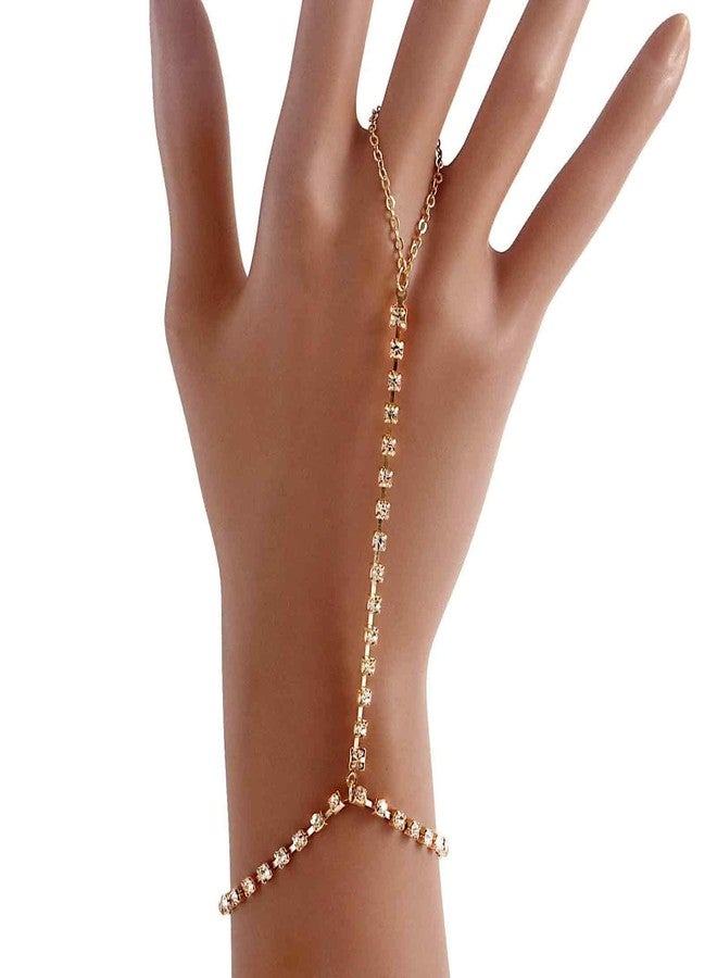 FFZDENA 2 Pieces Ring Bracelet, Chain Bracelet for Women, Hand Chain for Women with Rhinestones and Gemstones, Stylish Hand Accessories for Womens, Gift (Golden) - Image 4