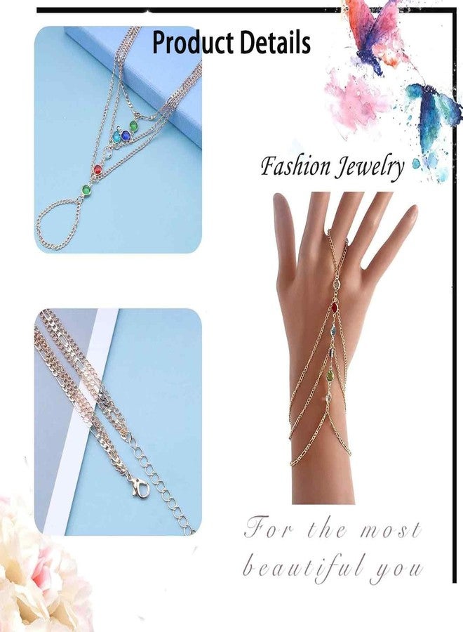 FFZDENA 2 Pieces Ring Bracelet, Chain Bracelet for Women, Hand Chain for Women with Rhinestones and Gemstones, Stylish Hand Accessories for Womens, Gift (Golden) - Image 3