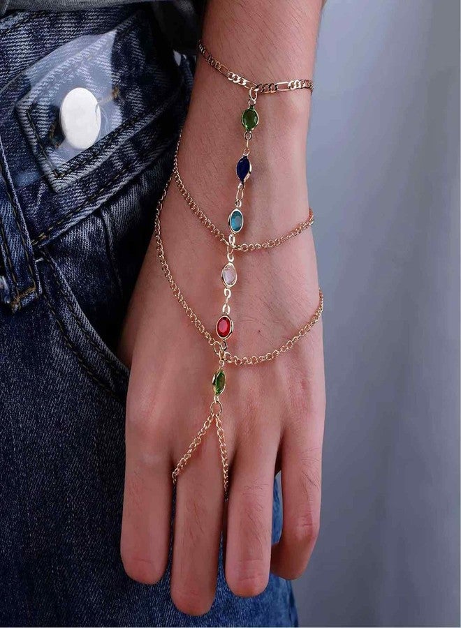 FFZDENA 2 Pieces Ring Bracelet, Chain Bracelet for Women, Hand Chain for Women with Rhinestones and Gemstones, Stylish Hand Accessories for Womens, Gift (Golden) - Image 5