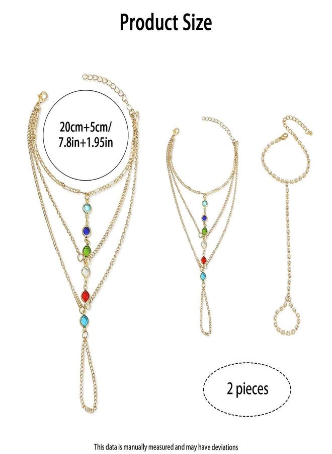 FFZDENA 2 Pieces Ring Bracelet, Chain Bracelet for Women, Hand Chain for Women with Rhinestones and Gemstones, Stylish Hand Accessories for Womens, Gift (Golden) - Image 2