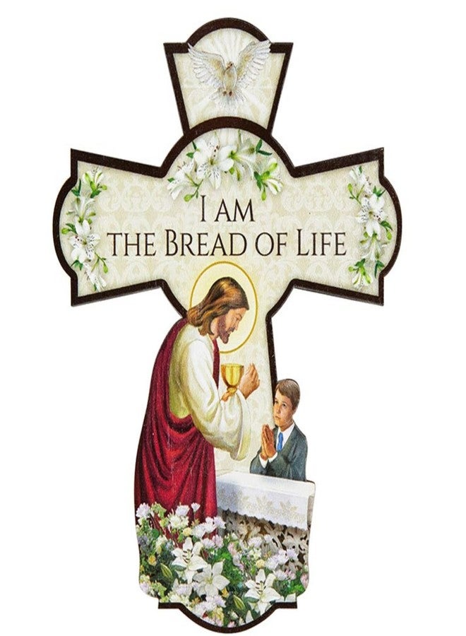 Needzo First Communion Wall Cross, I am the Bread of Life Hanging Decoration for Bedroom, Eucharist Keepsake and Catholic Gifts for Boys, 6 Inches - Image 1