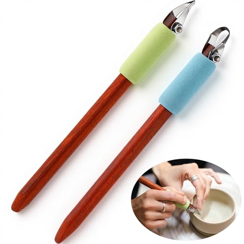 Leriton 2 Pack Pottery Carving Tool Set 6in Sculpture Carving Scraper Tool Pottery Modelling Shape for Tea Cup Mug Vase Leather Hard Clay Cutters with Wooden Handle for Ceramic Sculpture Craft - Image 1