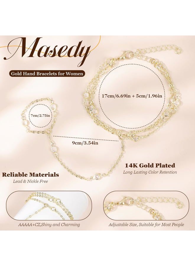 Masedy 14K Gold Plated Hand Chains Bracelets for Women Trendy Stack CZ Beaded Finger Chain Dainty Adjustable Finger Rings Bracelets Charm Link Chain Beach Summer Fashion Hand Jewelry - Image 2