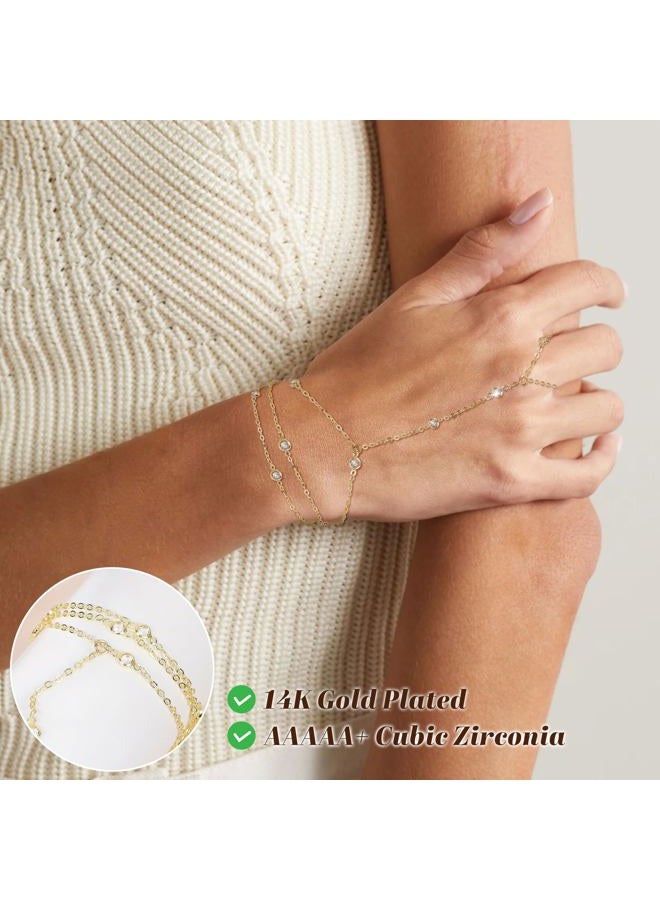 Masedy 14K Gold Plated Hand Chains Bracelets for Women Trendy Stack CZ Beaded Finger Chain Dainty Adjustable Finger Rings Bracelets Charm Link Chain Beach Summer Fashion Hand Jewelry - Image 5
