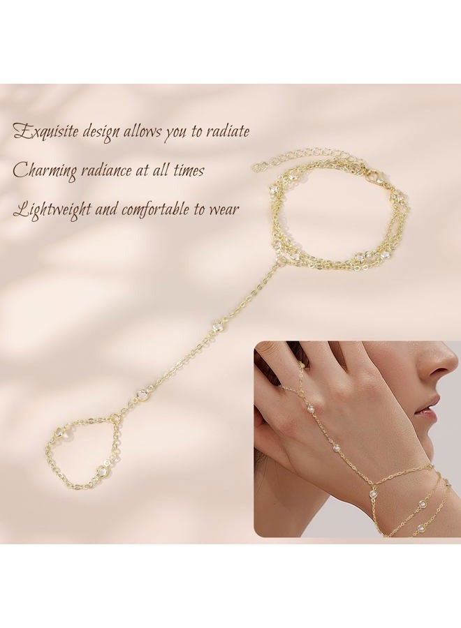 Masedy 14K Gold Plated Hand Chains Bracelets for Women Trendy Stack CZ Beaded Finger Chain Dainty Adjustable Finger Rings Bracelets Charm Link Chain Beach Summer Fashion Hand Jewelry - Image 3