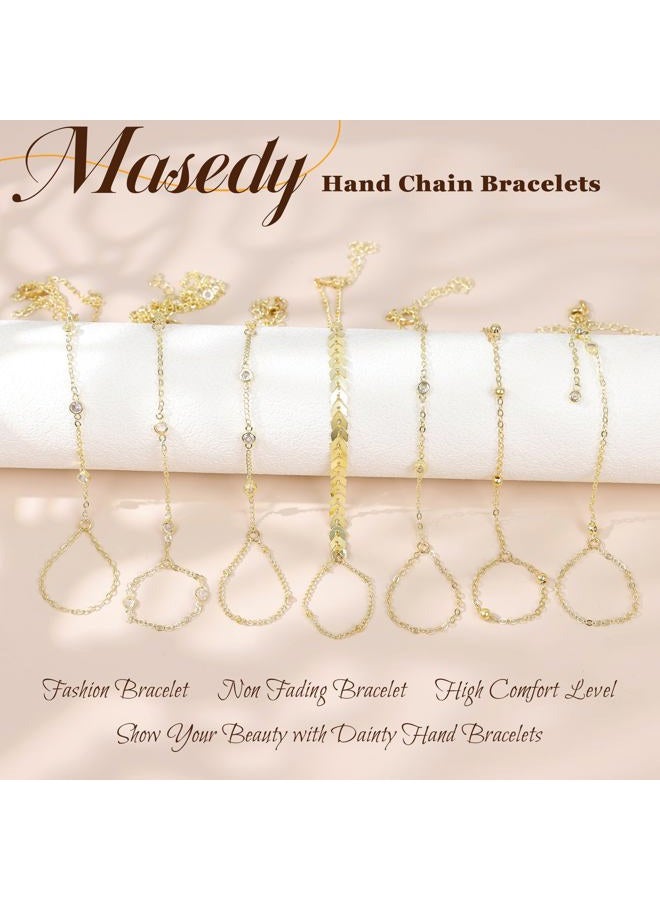 Masedy 14K Gold Plated Hand Chains Bracelets for Women Trendy Stack CZ Beaded Finger Chain Dainty Adjustable Finger Rings Bracelets Charm Link Chain Beach Summer Fashion Hand Jewelry - Image 4