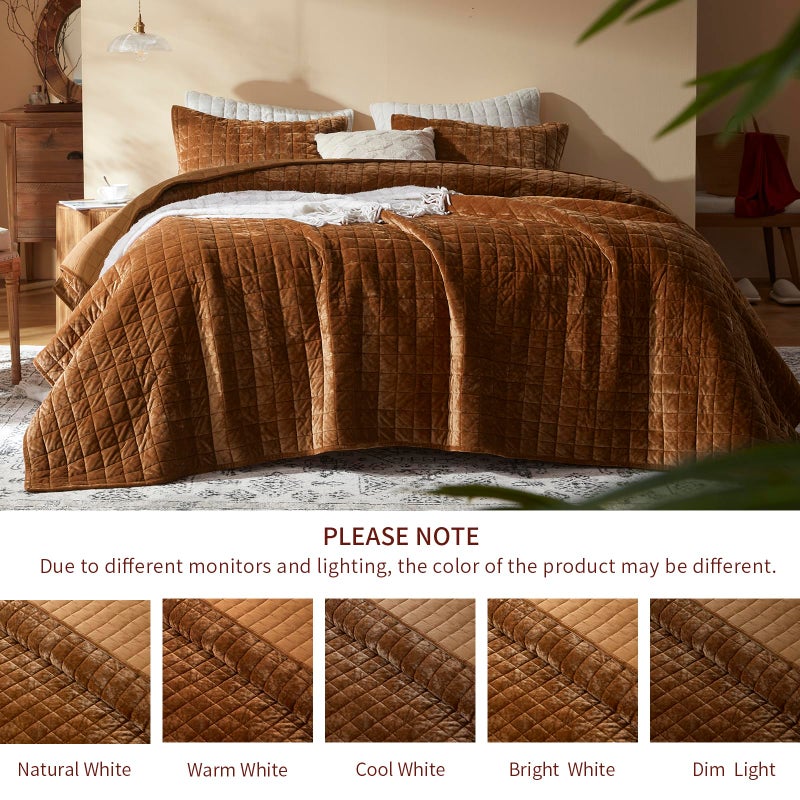 LEAONME Velvet Quilt King Size-98''x106'', Lightweight Caramel Velvet Comforter Set with 2 Pillow Shams, Soft Bedspread Coverlet Quilted Bedding Set for All Season - Image 4