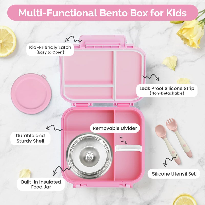 BEAQUEE Kids Lunch Box Set with Bento Box, 9oz Stainless Steel Thermos & Insulated Lunch Bag â€“ Hot & Cold Leakproof Lunch Container with Utensils for School & Travel, Pink Set - Image 2