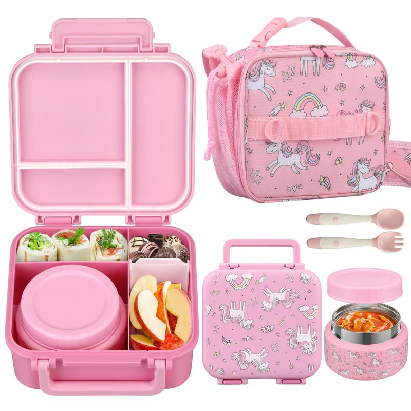 BEAQUEE Kids Lunch Box Set with Bento Box, 9oz Stainless Steel Thermos & Insulated Lunch Bag â€“ Hot & Cold Leakproof Lunch Container with Utensils for School & Travel, Pink Set - Image 1