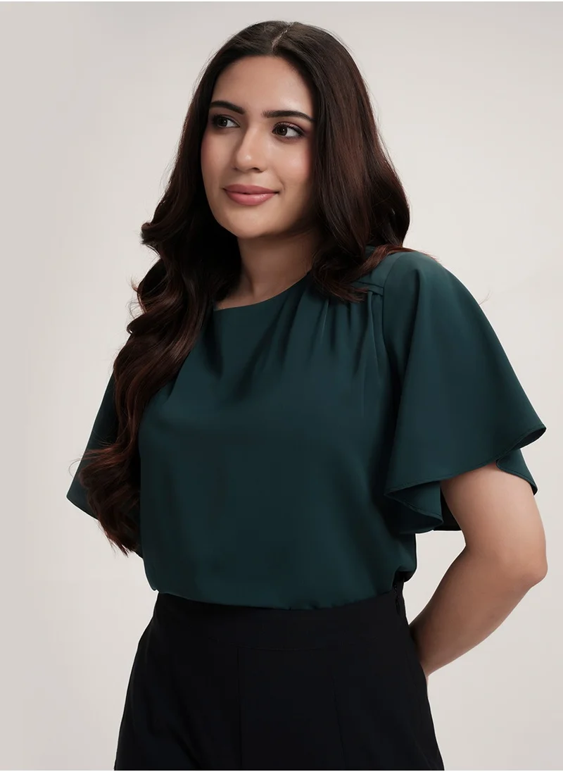 Zigzag Sleeve Flared Round Neck Chiffon Green Top