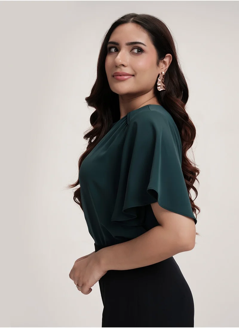Zigzag Sleeve Flared Round Neck Chiffon Green Top