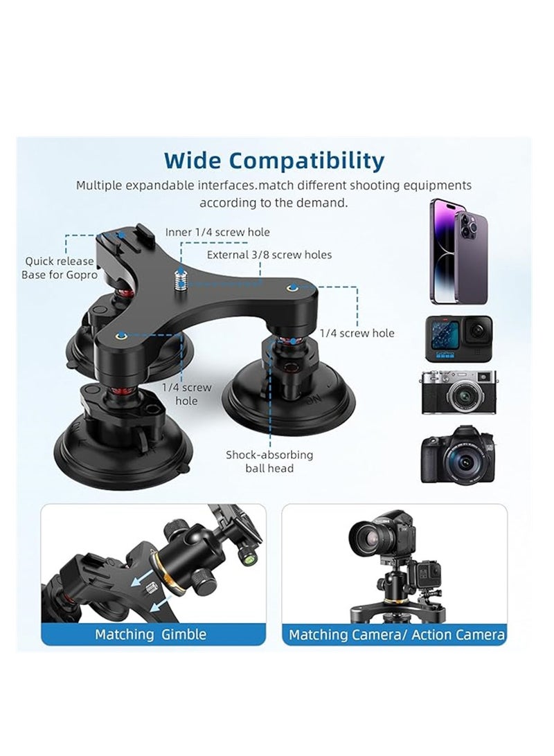 Triple Suction Cup Car Mount Heavy Duty Tripod with 360 Ball Head for GoPro 12/11/10/9 Insta360 X3 GO3 DJI Action 4/3 DSLR Mirrorless Camera Windshield Window Holder Attach Accessories - Image 3