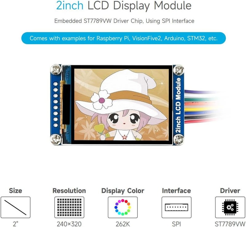 Waveshare 2inch LCD Display Module, Compatible with Raspberry Pi/Pi zero/Arduino/Esp32, with ST7789 Driver, 262K Color, IPS Screen, 240×320 Resolution, SPI Interface - Image 3