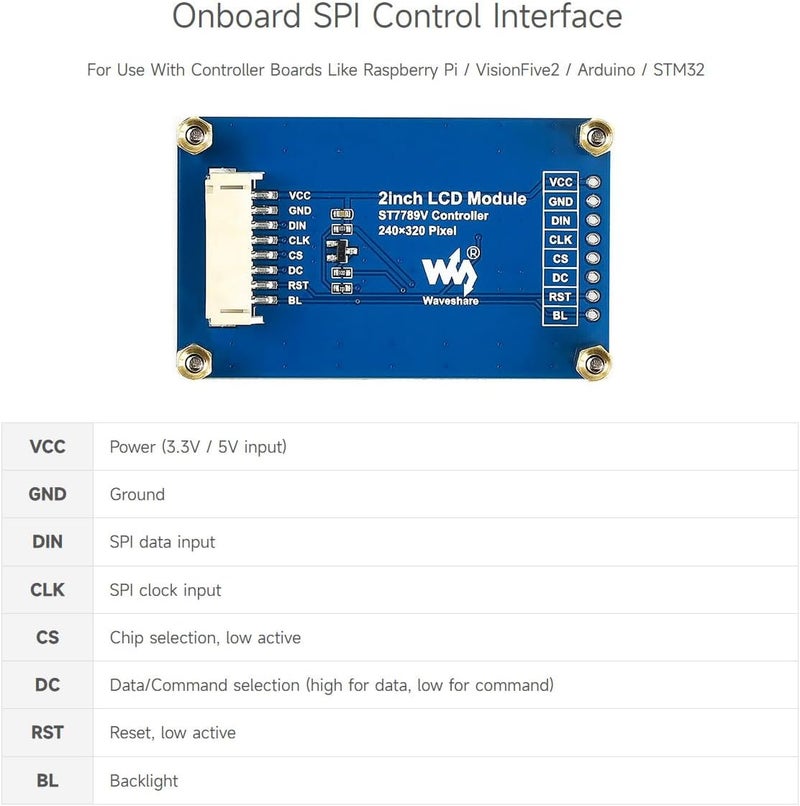 Waveshare 2inch LCD Display Module, Compatible with Raspberry Pi/Pi zero/Arduino/Esp32, with ST7789 Driver, 262K Color, IPS Screen, 240×320 Resolution, SPI Interface - Image 5