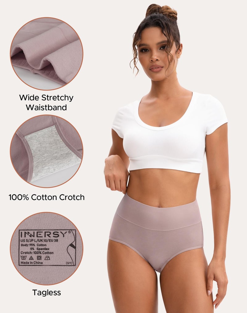 INNERSY Women's High Cut Solid Color Tummy Control Cotton Underpants Briefs 5 Pack (Neutral Assorted, M) - Image 4