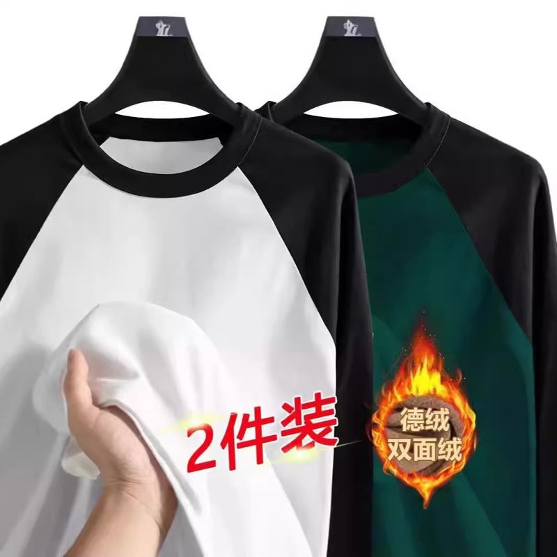 Boys Raglan Sleeve Long-Sleeved T-Shirt With Fleece Base Shirt Trendy Brand Loose All-Match Men'S Half-High Collar Sweater Winter - Image 2
