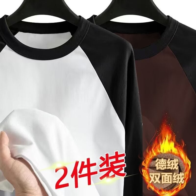 Boys Raglan Sleeve Long-Sleeved T-Shirt With Fleece Base Shirt Trendy Brand Loose All-Match Men'S Half-High Collar Sweater Winter - Image 1