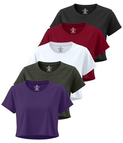 REALESSENTIALS Real Essentials 5 Pack: Women's Dry Fit Crop Top - Short Sleeve Crew Neck Stretch Athletic Tee (Available in Plus Size) - Set 5, S - Image 1