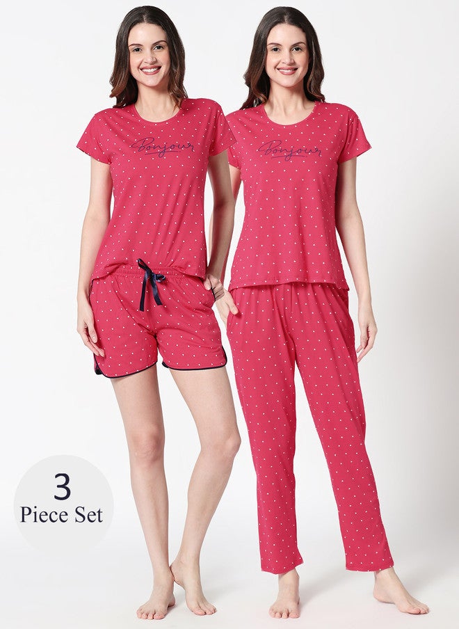 Zeyo Women Printed Pure Cotton Night Suit Set - 3 Piece (Top, Pajama, Short) - Image 1