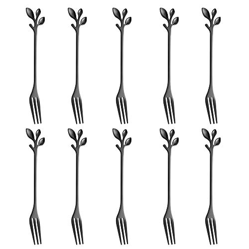 AnSaw 10-Piece Black Mini Leaf Dessert Forks Set - 4.7" Elegant Stainless Steel Fruit, Appetizer, Cake & Salad Forks - Perfect for Cocktail Parties & Home Use - Image 1