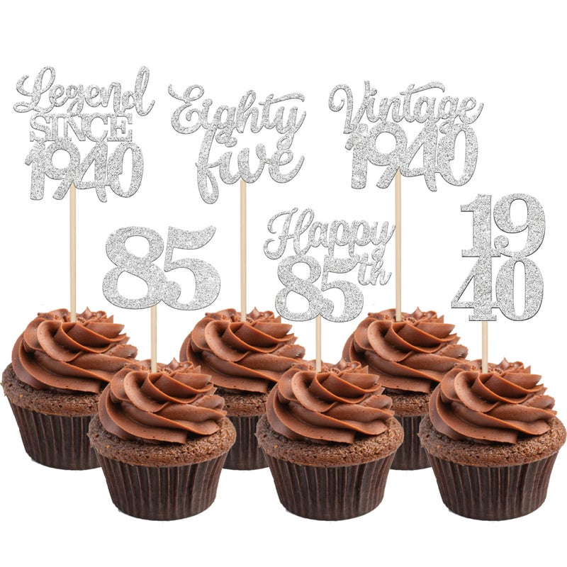 Rsstarxi 48 Pack Vintage 1940 Cupcake Toppers Glitter Legend Since 1940 Cheers to 85 Fabulous Eighty Five Cupcake Picks Decorations for 85th Birthday Wedding Anniversary Party Cake Decorations Silve - Image 1