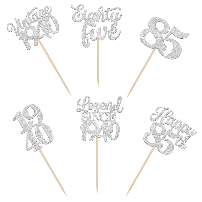 Rsstarxi 48 Pack Vintage 1940 Cupcake Toppers Glitter Legend Since 1940 Cheers to 85 Fabulous Eighty Five Cupcake Picks Decorations for 85th Birthday Wedding Anniversary Party Cake Decorations Silve - Image 3