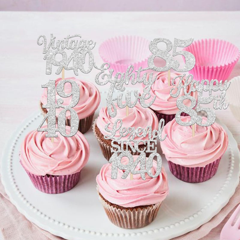 Rsstarxi 48 Pack Vintage 1940 Cupcake Toppers Glitter Legend Since 1940 Cheers to 85 Fabulous Eighty Five Cupcake Picks Decorations for 85th Birthday Wedding Anniversary Party Cake Decorations Silve - Image 4