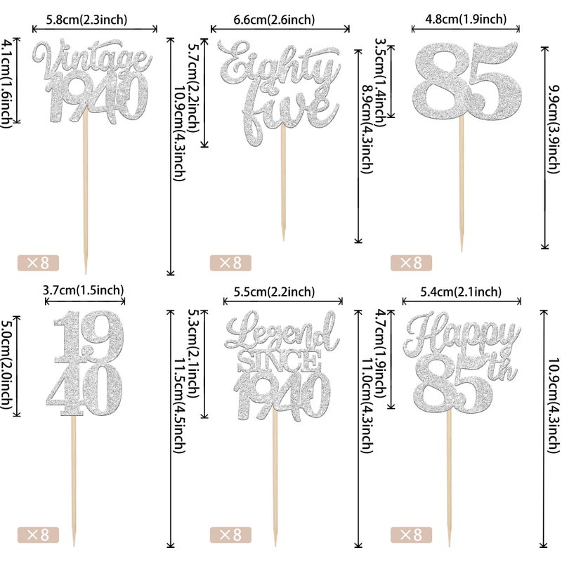 Rsstarxi 48 Pack Vintage 1940 Cupcake Toppers Glitter Legend Since 1940 Cheers to 85 Fabulous Eighty Five Cupcake Picks Decorations for 85th Birthday Wedding Anniversary Party Cake Decorations Silve - Image 2