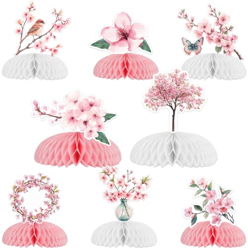 Fangleland 8Pcs Cherry Blossom Honeycomb Centerpieces for Girls Japanese Cherry Blossom Themed Party Decorations for Birthday Baby Shower Gender Reveal Wedding Bridal Shower Party Decor - Image 1