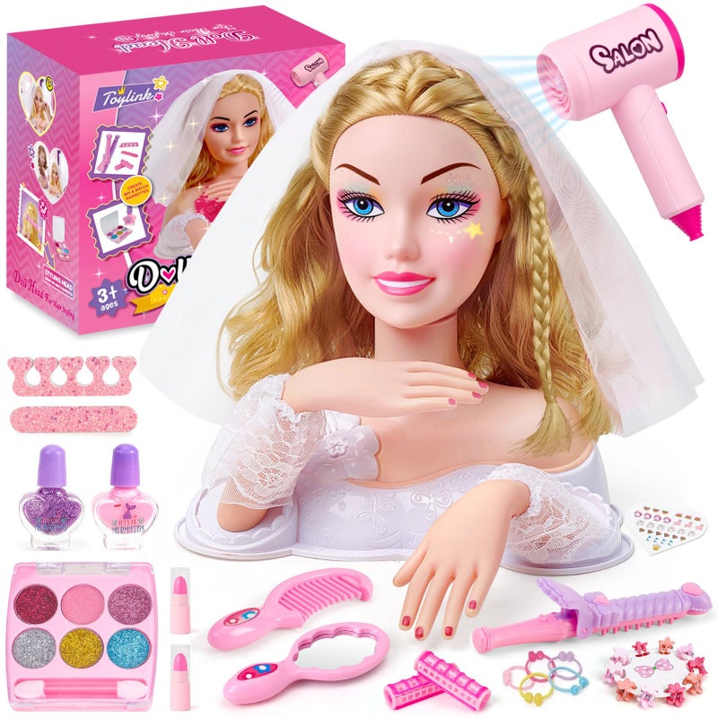 Toylink Doll Head for Hair Styling Kids Makeup Set Blonde Bride Beauty Stylist Pretend Play Toy With Bridal Veil Hairdryer Curling Iron Hair Salon Toy Birthday Gift For Girl 3 4 5 6 7 8 Years Old - Image 3